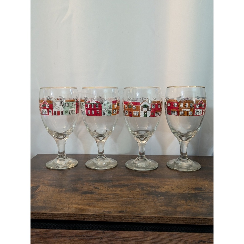 Libby Winter Christmas Village Street Scene Wine Water Goblets 7" Set of 4